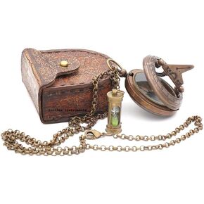 RII Brass Sundial Compass Necklace (Bronze), Astrolabe Compass Necklace for Men with Leather Case & Green Sand Mini Hour Glass for Loved Ones, Unique Sun Clock Necklace