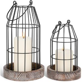 Rustic Wire Metal Cloche Set of 2 Candle Lantern Decorative Indoor Outdoor Vintage Cage Candle Holders Modern Farmhouse Decor for Fireplace Mantle Entryway Living Room Kitchen Coffee Table Centerpiece