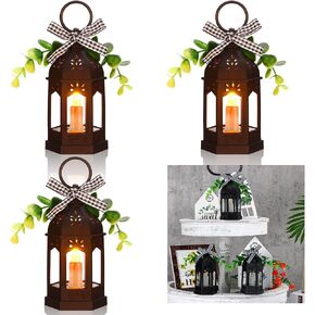 3 Pieces Mini Lantern with LED Candle Farmhouse Tiered Tray Decor Centerpieces Lantern with Eucalyptus and Buffalo Plaid Rustic Vintage Hanging Battery Operated Hexagonal Lantern(White) in Kuwait
