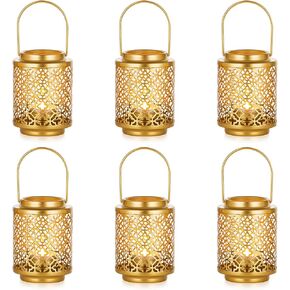 حامل شموع NUPTIO Tealight Lantern: قطعتان من حاملات مصابيح الشاي المعدنية المعلقة باللون الذهبي مقاس 4.1 بوصة، قطعة مركزية للفوانيس المزخرفة الريفية الصغيرة لتزيين طاولة الطعام المنزلية وغرفة المعيشة (النمط 3)