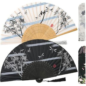 Leehome Small Folding Hand Fans for Women -Chinese Japanese 2pcs Vintage Bamboo Silk Fans - for Dance, Music Festival, Wedding, Party, Decorations,Gift. (Black & White Bamboo)