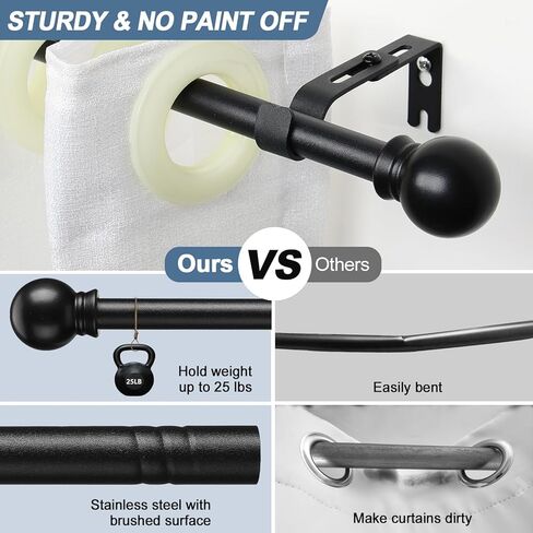 قضيب ستارة للنوافذ مقاس 28-48 بوصة قابل للتعديل، مجموعة قضبان ستائر سوداء مقاس 5/8 بوصة مع دعامات دائرية نهائية لغرفة النوم وغرفة المعيشة والمطبخ والحمام in Kuwait