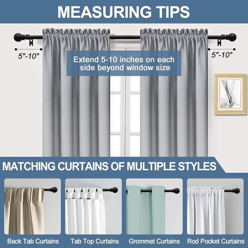 قضيب ستارة للنوافذ مقاس 28-48 بوصة قابل للتعديل، مجموعة قضبان ستائر سوداء مقاس 5/8 بوصة مع دعامات دائرية نهائية لغرفة النوم وغرفة المعيشة والمطبخ والحمام in Kuwait