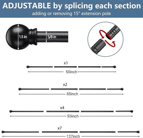 قضيب ستارة للنوافذ مقاس 28-48 بوصة قابل للتعديل، مجموعة قضبان ستائر سوداء مقاس 5/8 بوصة مع دعامات دائرية نهائية لغرفة النوم وغرفة المعيشة والمطبخ والحمام in Kuwait