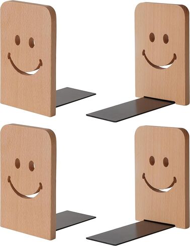 Sunolga 2 Pairs Black Walnut Wood Book Ends with Non-Skid Pad and Detachable Design 5.1 Inches Heavy Duty Book Ends for Functional Organization and Decor, Desk Organizers and Accessories, Smiley Face in Kuwait
