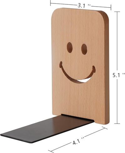 Sunolga 2 Pairs Black Walnut Wood Book Ends with Non-Skid Pad and Detachable Design 5.1 Inches Heavy Duty Book Ends for Functional Organization and Decor, Desk Organizers and Accessories, Smiley Face in Kuwait