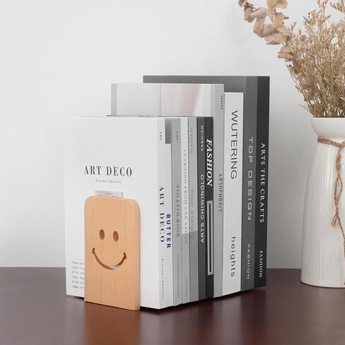 Sunolga 2 Pairs Black Walnut Wood Book Ends with Non-Skid Pad and Detachable Design 5.1 Inches Heavy Duty Book Ends for Functional Organization and Decor, Desk Organizers and Accessories, Smiley Face in Kuwait