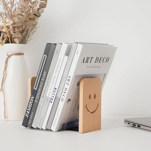 Sunolga 2 Pairs Black Walnut Wood Book Ends with Non-Skid Pad and Detachable Design 5.1 Inches Heavy Duty Book Ends for Functional Organization and Decor, Desk Organizers and Accessories, Smiley Face in Kuwait