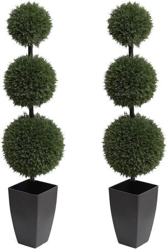 momoplant Artificial Topiaries Ball Tree Outdoor, 3.3ft Fake Topiary Triple Ball Boxwood Trees(2 Pieces), Faux Shrubs Plants Potted Green Decorative Indoor Porch or Garden（40inch） in Saudi Arabia
