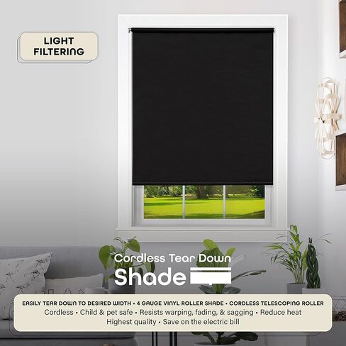 Cordless Tear Down Light Filtering Shade - 37 Inch Width, 72 Inch Length - White- Cord-Free Customizable Room Darkening Horizontal Mini Vinyl Windows Blinds for Interior by Achim Home Decor in Kuwait
