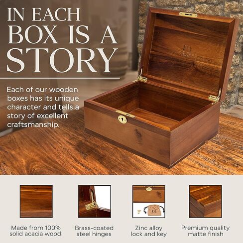 صندوق تخزين خشبي بغطاء مفصلي ومفتاح قفل - صندوق تذكاري كبير فاخر من اكاسيا بلمسة نهائية غير لامعة - لتخزين المجوهرات والالعاب والتذكارات في قفص مزخرف جميل - 11 × 8.5 × 5 انش in Kuwait