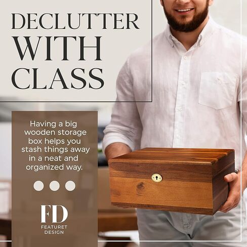 صندوق تخزين خشبي بغطاء مفصلي ومفتاح قفل - صندوق تذكاري كبير فاخر من اكاسيا بلمسة نهائية غير لامعة - لتخزين المجوهرات والالعاب والتذكارات في قفص مزخرف جميل - 11 × 8.5 × 5 انش in Kuwait