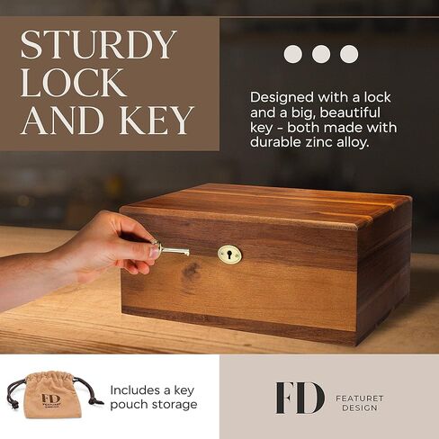صندوق تخزين خشبي بغطاء مفصلي ومفتاح قفل - صندوق تذكاري كبير فاخر من اكاسيا بلمسة نهائية غير لامعة - لتخزين المجوهرات والالعاب والتذكارات في قفص مزخرف جميل - 11 × 8.5 × 5 انش in Kuwait