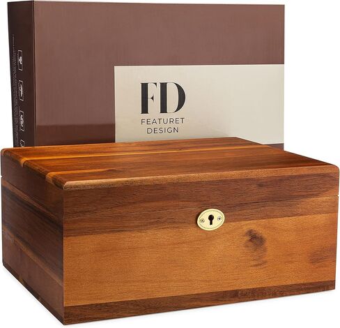 صندوق تخزين خشبي بغطاء مفصلي ومفتاح قفل - صندوق تذكاري كبير فاخر من اكاسيا بلمسة نهائية غير لامعة - لتخزين المجوهرات والالعاب والتذكارات في قفص مزخرف جميل - 11 × 8.5 × 5 انش in Kuwait