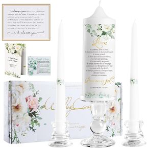 3 Unity Wedding Candles Set with Candle Holder for Ceremony Set, Glass Candlesticks and Pillar Taper Candles - Catholic Bible Religious Weddings Accessories