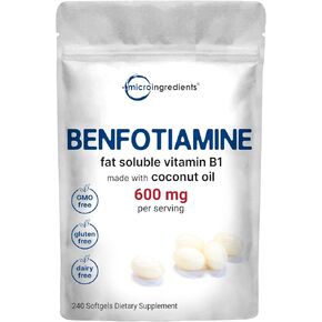 Vitamin B1 Benfotiamine 600mg Per Serving, 240 Coconut Oil Softgels | Essential B Vitamins Supplement, Fat Soluble | Supports Metabolism & Healthy Nervous System | Non-GMO, Easy to Swallow
