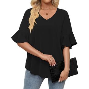 بلوزات شيفون نسائية من DB MOON بأكمام 3/4 قمصان ورقبة على شكل حرف V وأكمام جرس ملابس علوية أنيقة in Kuwait