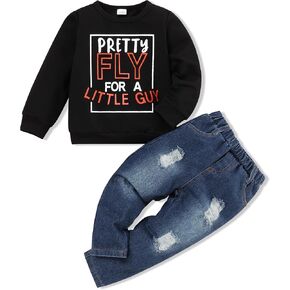 oklady Toddler Boy Clothes Colorblock Long Sleeve Letter Sweatshirts Top and Ripped Jeans Pants Boys Fall Winter Outfits 2-6T in Kuwait