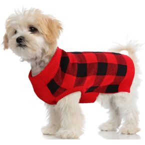 PUMYPOREITY Classic Plaid Dog Sweater with Leash Hole, Warm Stretchy Knitwear for Small Medium Dog, Soft Jacquard Knit Pullover with Elastic High Collar for Spring Fall Winter Christmas Cold Weather in Kuwait
