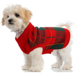 PUMYPOREITY Classic Plaid Dog Sweater with Leash Hole, Warm Stretchy Knitwear for Small Medium Dog, Soft Jacquard Knit Pullover with Elastic High Collar for Spring Fall Winter Christmas Cold Weather