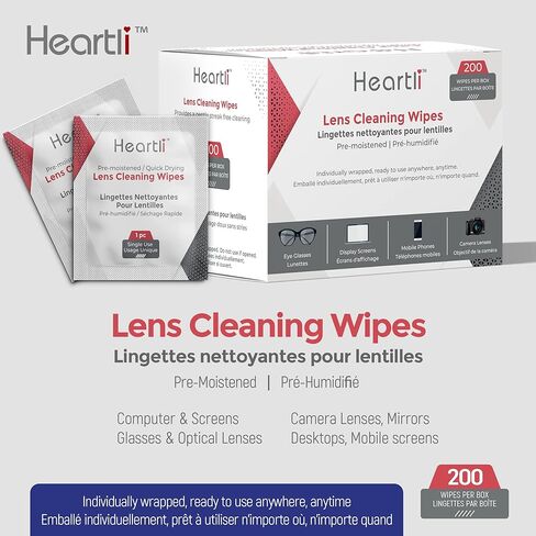 مناديل تنظيف العدسات الفاخرة المرطبة مسبقًا من هارتلي، سريعة الجفاف، مغلفة بشكل فردي لنظارات العين والشاشات وعدسات الكاميرا - تنظف، وتطهر، وخالية من الخطوط، وخالية من الوبر، ومناديل غير قابلة للخدش (200) in Kuwait