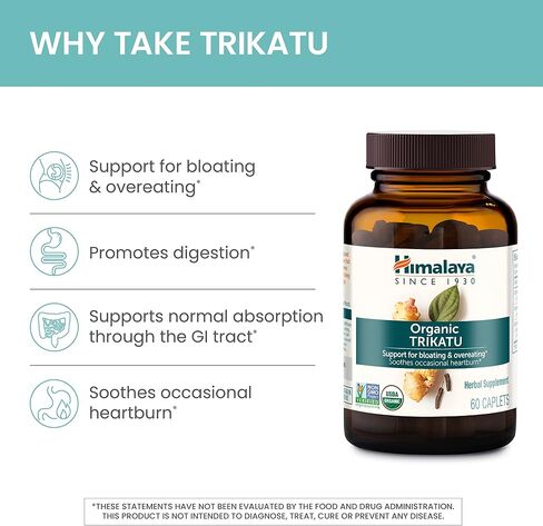 Himalaya Organic Trikatu, Herbal Supplement for Occasional Heartburn, Digestive Support, Gas, Bloating, Overeating, Ginger, Black Pepper, Non-GMO, USDA Organic, Vegan, 60 Plant-Based Caplets   in Saudi Arabia