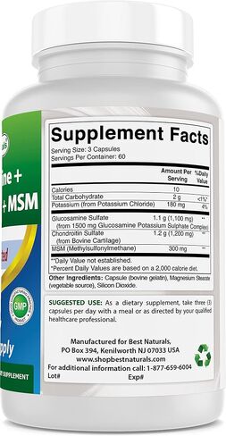 Best Naturals، مكملات الجلوكوزامين كوندرويتين ومكملات المفاصل MSM، 2600 مجم لكل وجبة، (180 قطعة (عبوة من 3)) in Saudi Arabia