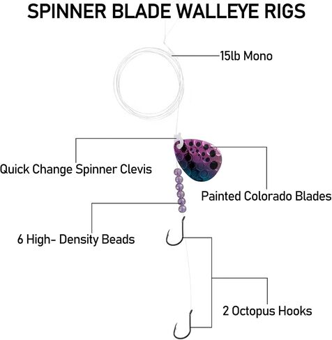 Dr. Fish 10 Pack Walleye Spinner Rig Kit, 47 Inches, 15LB Mono Crawler Harness Live Bait Rigs Colorado Spinner Blades Snelled Hooks Octopus Hooks Freshwater Walleye Fishing Rigs in Saudi Arabia