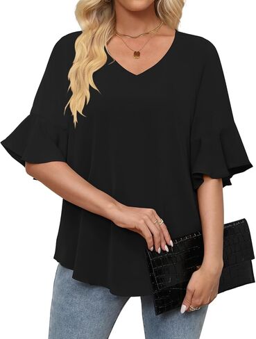 بلوزات شيفون نسائية من DB MOON بأكمام 3/4 قمصان ورقبة على شكل حرف V وأكمام جرس ملابس علوية أنيقة in Kuwait