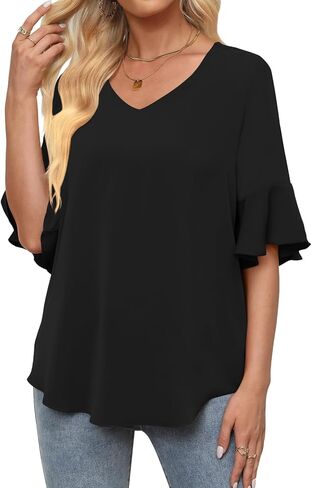 بلوزات شيفون نسائية من DB MOON بأكمام 3/4 قمصان ورقبة على شكل حرف V وأكمام جرس ملابس علوية أنيقة in Kuwait