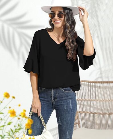 بلوزات شيفون نسائية من DB MOON بأكمام 3/4 قمصان ورقبة على شكل حرف V وأكمام جرس ملابس علوية أنيقة in Kuwait