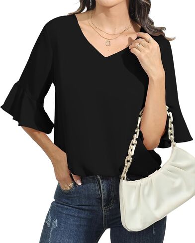 بلوزات شيفون نسائية من DB MOON بأكمام 3/4 قمصان ورقبة على شكل حرف V وأكمام جرس ملابس علوية أنيقة in Kuwait