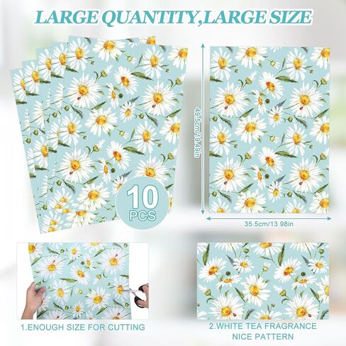 10 ورقات من Whaline، بطانات أدراج زهرة الأقحوان، بطانات أرفف معطرة بالشاي الأبيض، بطانات ورقية للأدراج العطرية للمنزل، 19.5 × 14 بوصة in Kuwait