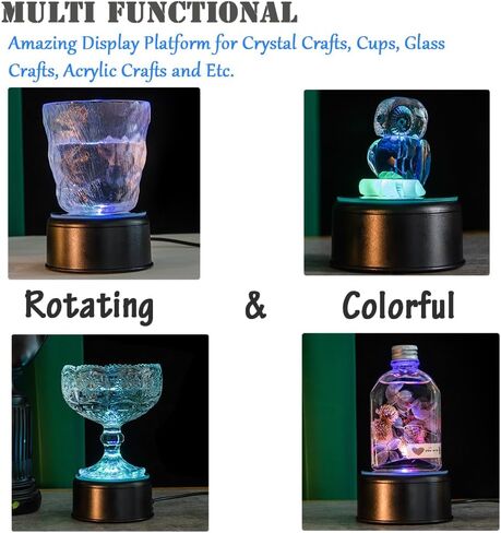 حامل عرض دوار من IFOLAINA مزود بإضاءة LED ومنصة تيرنر بقاعدة دوارة ملونة لوعاء كأس بهلوان كريستال صور مكعب فن زجاجي in Kuwait