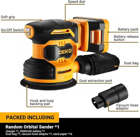 Orbital Sander Cordless : 20V Power Sander Tool with Battery and Charger Electric Hand Sanders Tools for Wood, Dust Bag, Vacuum Blower Attachment in Kuwait