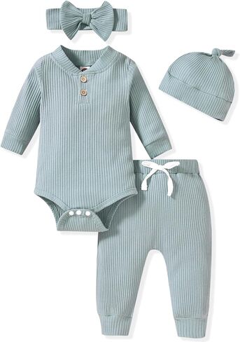 Gender Neutral Long Sleeve Baby Ribbed Outfit with Hat & Headband in Saudi Arabia
