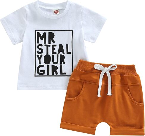 Toddler Baby Boy Summer Clothes Short Sleeve Letter Print Stripe T-Shirt with Elastic Waist Shorts Set Summer Outfit in Saudi Arabia