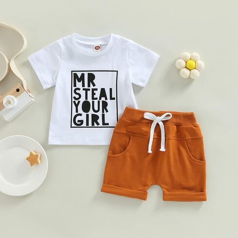 Toddler Baby Boy Summer Clothes Short Sleeve Letter Print Stripe T-Shirt with Elastic Waist Shorts Set Summer Outfit in Saudi Arabia