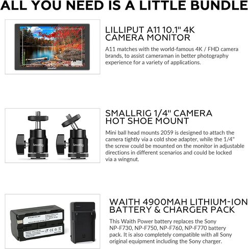 شاشة Lilliput A11 المحمولة للصور والفيديو مقاس 10.1 بوصة بدقة 4K | شاشات عرض عالية الدقة مقاس 1920 × 1200 مع مدخل/مخرج HDMI 1.4b، وحامل تثبيت الكاميرا الصغيرة، ومجموعة حزمة البطارية والشاحن in Kuwait