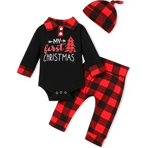 bilison My 1st Christmas Infant Baby Boy Outfits Set Newborn Boy Hoodies Sweatshirt Red Plaid Romper+Pant clothing Set
