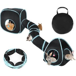 BWOGUE Bunny Tunnels & Tubes Collapsible Rabbit Hideout Tube and Foldable Cubes Playground Small Animal Activity Hideaway for Dwarf Rabbits Bunny Guinea Pigs Kitty (Blue Black)