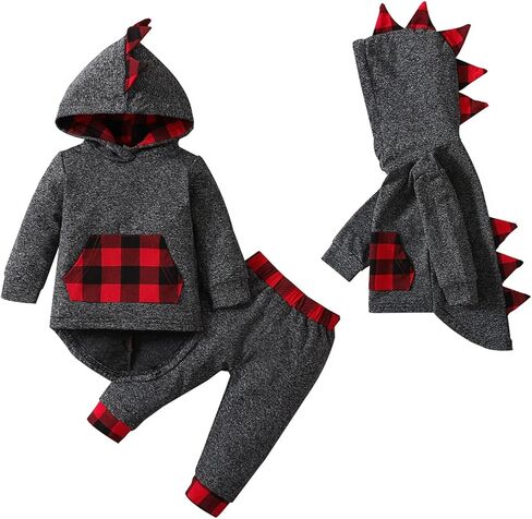 Toddler Infant Baby Boy Clothes Outfit Plaid Fall Winter Clothes Long Sleeve Hoodie Tops Sweatshirt Pants Outfit Set in Kuwait