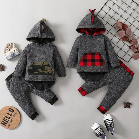 Toddler Infant Baby Boy Clothes Outfit Plaid Fall Winter Clothes Long Sleeve Hoodie Tops Sweatshirt Pants Outfit Set in Kuwait