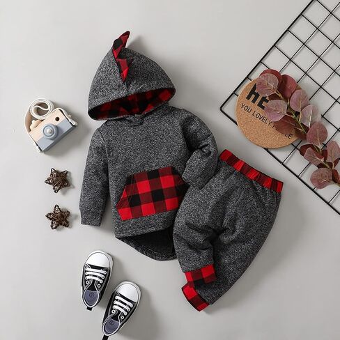 Toddler Infant Baby Boy Clothes Outfit Plaid Fall Winter Clothes Long Sleeve Hoodie Tops Sweatshirt Pants Outfit Set in Kuwait