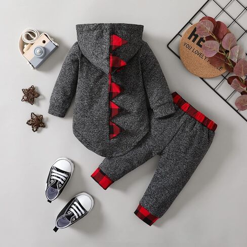 Toddler Infant Baby Boy Clothes Outfit Plaid Fall Winter Clothes Long Sleeve Hoodie Tops Sweatshirt Pants Outfit Set in Kuwait