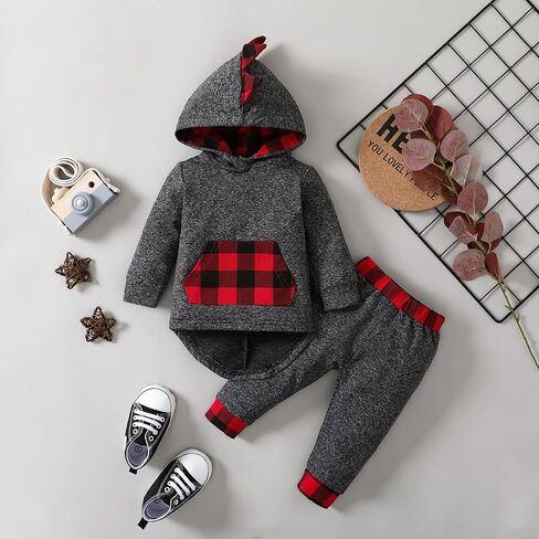Toddler Infant Baby Boy Clothes Outfit Plaid Fall Winter Clothes Long Sleeve Hoodie Tops Sweatshirt Pants Outfit Set in Kuwait