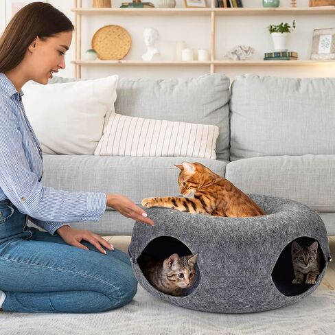 كهف بيكابو للقطط من بيتيزر مقاس 24 بوصة، سرير نفق كبير للقطط للقطط الداخلية، بيت قطط مستدير قابل للفصل لمخبأ القطط، نفق دونات للقطط قابل للغسل للقطط المتعددة والقطط الكبيرة (24 بوصة، رمادي فاتح) in Kuwait