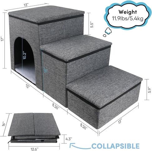 petizer Dog Stairs for Small Dogs, Foldable Dog Stairs with Storage Box, Adjustable Height Steps to Get on Couch or Bed, for Cats Puppy and Dogs, Gray in Kuwait