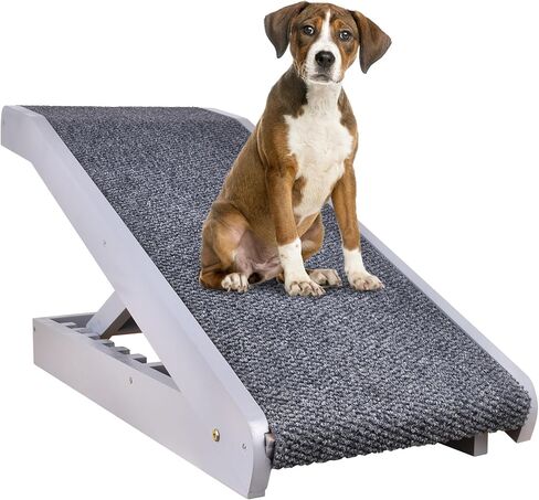 Voraiya®Dog Stairs -Thickened Solid Wood, Dog Ramps for Small Dogs, Pet Stairs -5 Levels with Adjustable Height, Non Slip Portable Folding, Supports up to 120 lbs, Pet Ramps for High Beds, Sofa, Car in Kuwait