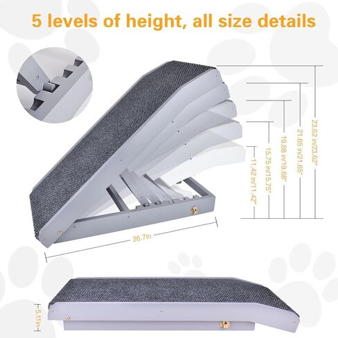 Voraiya®Dog Stairs -Thickened Solid Wood, Dog Ramps for Small Dogs, Pet Stairs -5 Levels with Adjustable Height, Non Slip Portable Folding, Supports up to 120 lbs, Pet Ramps for High Beds, Sofa, Car in Kuwait